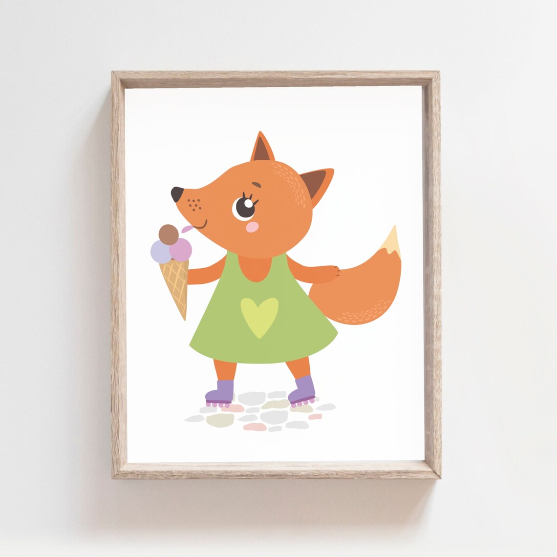 Fox In Green Dress With Ice Cream Roller Skates Cartoon Kids Room Wall Art