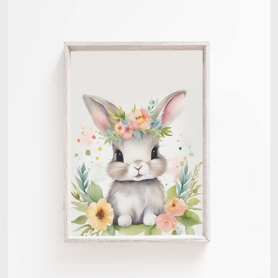 Baby Bunny Poster Rabbit Nursery Art Bunny Nursery Decor Watercolor Bunny Prints Floral Bunny Poster Girls Room Decor