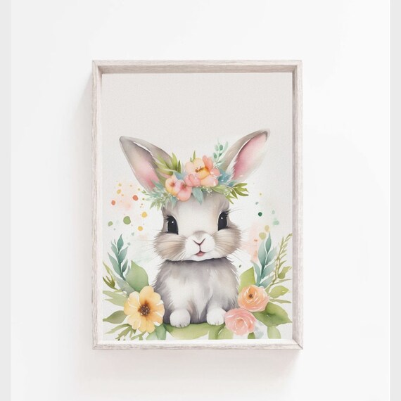 Bunny With Flower Crown Watercolor Floral Rabbit Nursery Poster