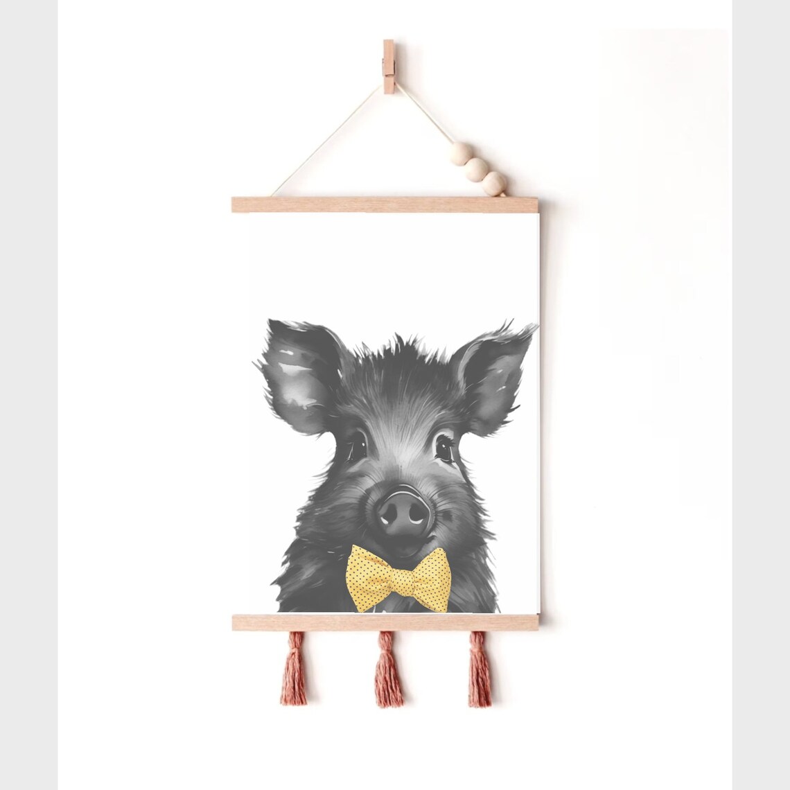 Baby Wild Boar With Yellow Bowtie Black And White Watercolor Nursery Poster - Image 2