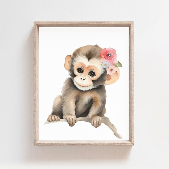 Sweet Baby Monkey Flower Crown Sitting On Branch Nursery Poster