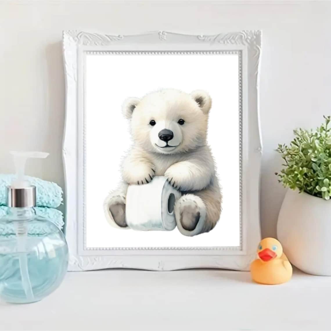 Polar Bear Cub Holding Toilet Paper Roll Funny Bathroom Poster - Image 2
