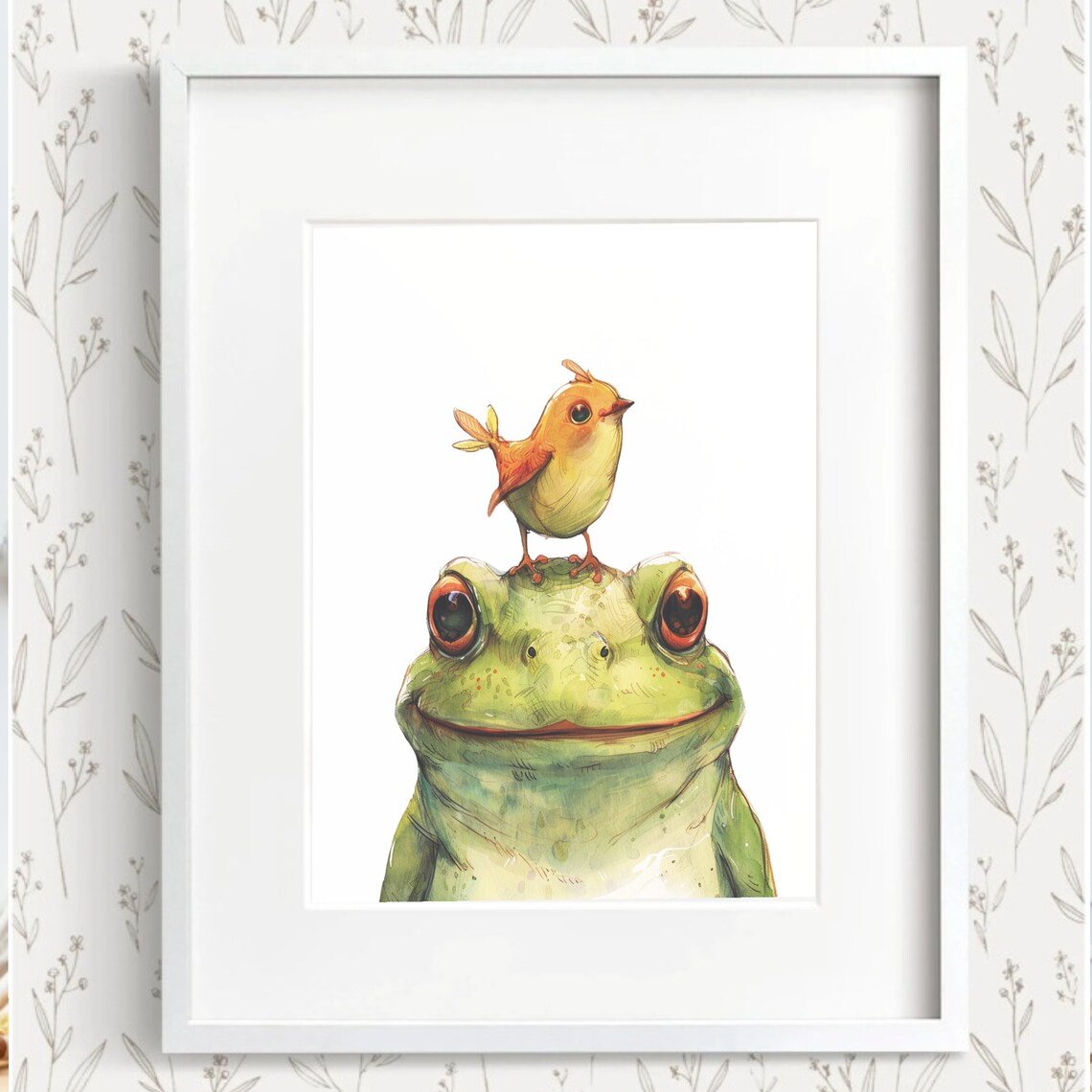 Happy Green Frog Face With Yellow Bird On Head Nursery Poster - Image 2