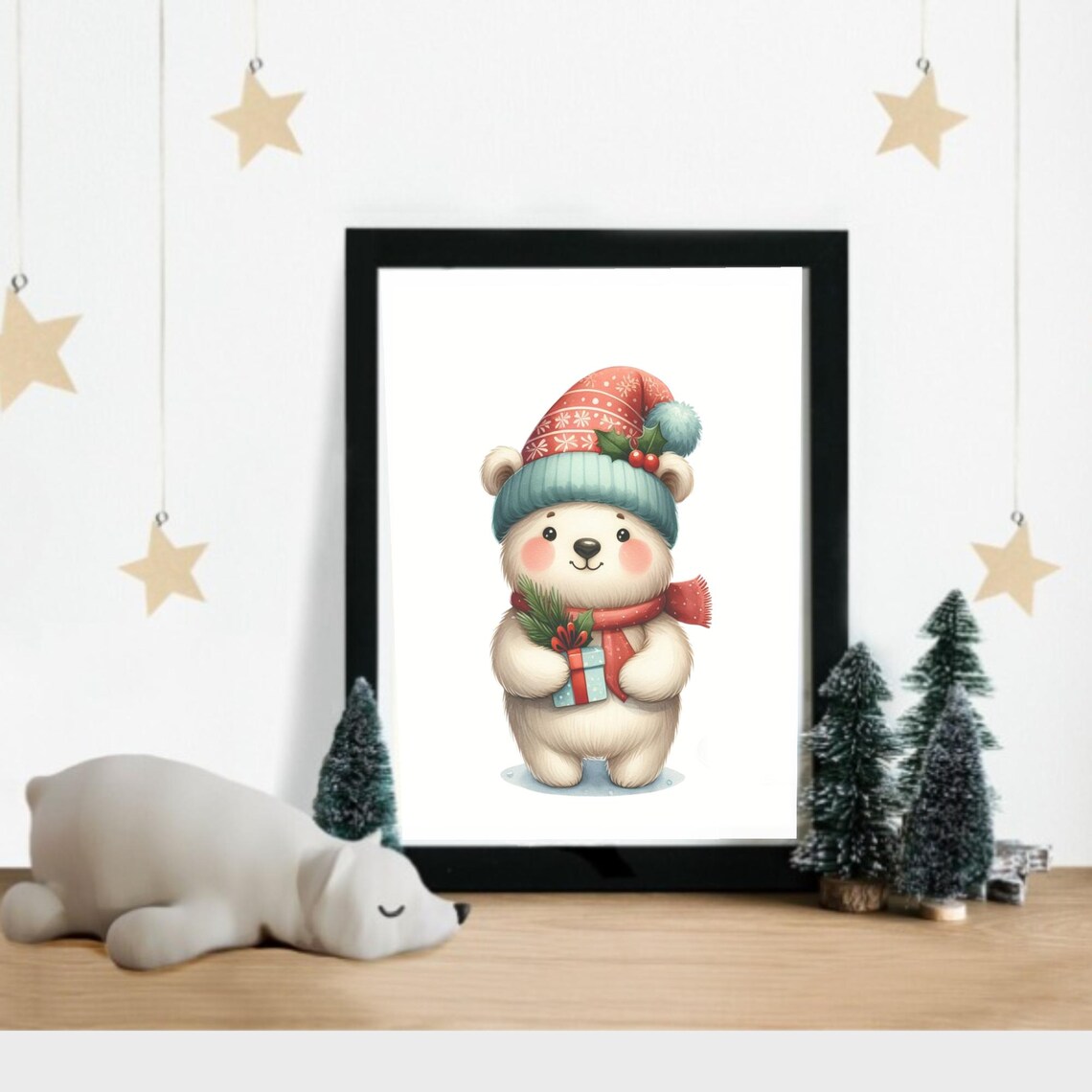 Polar Bear In Knit Santa Hat Holding Gift And Pine Winter Poster - Image 2