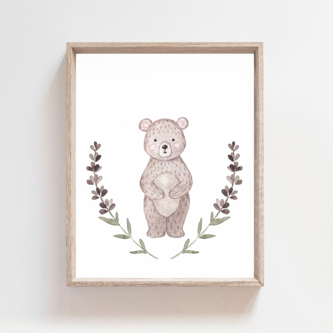 Tiny Standing Bear Botanical Sprigs Watercolor Nursery Poster