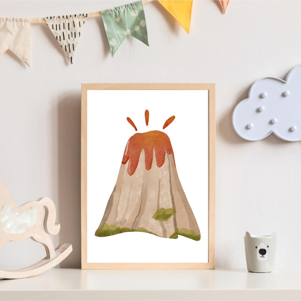 Cute Erupting Volcano Watercolor Dinosaur Era Kids Room Decor Poster - Image 2