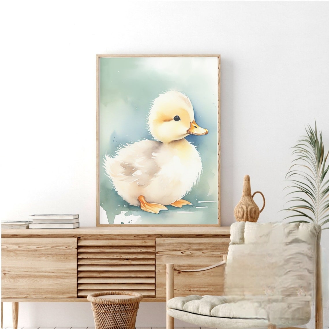 Baby Duckling Sitting Watercolor Soft Teal Background Wall Poster
