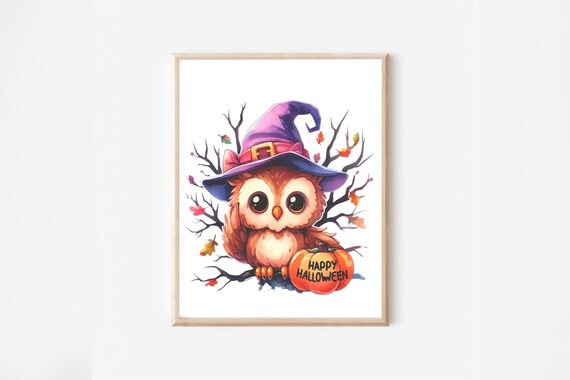 Owl Witch Hat Pumpkin Happy Halloween Autumn Kids Room Poster