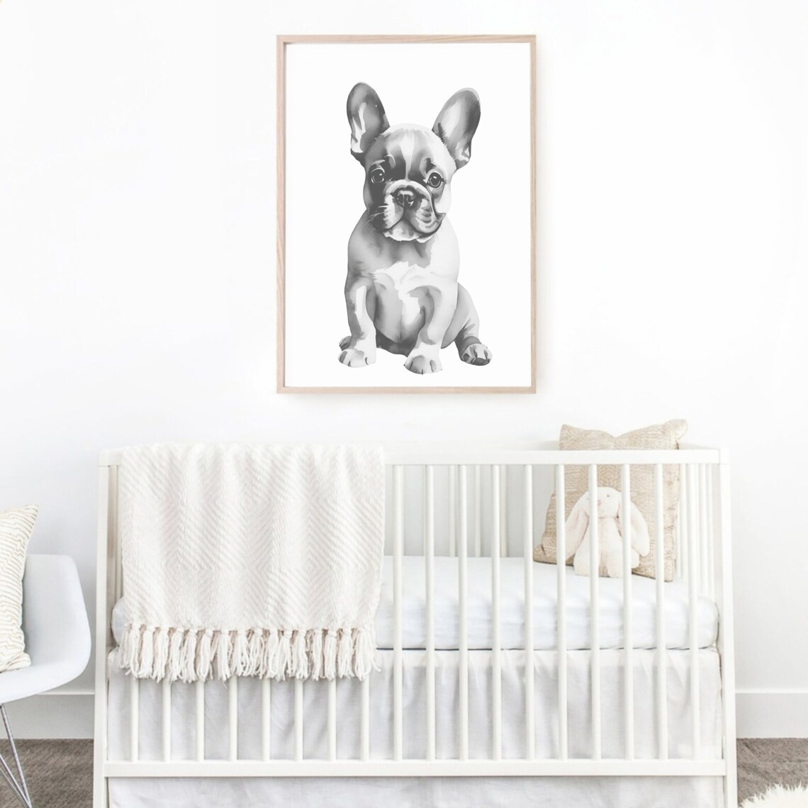 Cute French Bulldog Puppy Black White Watercolor Nursery Poster - Image 2