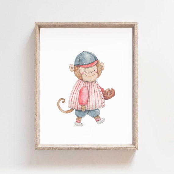 Baseball Print Sport Nursery Sport Animals Baseball Artwork Baseball Wall Art Children Room Decor Watecolor Wall Print Monkey Poster