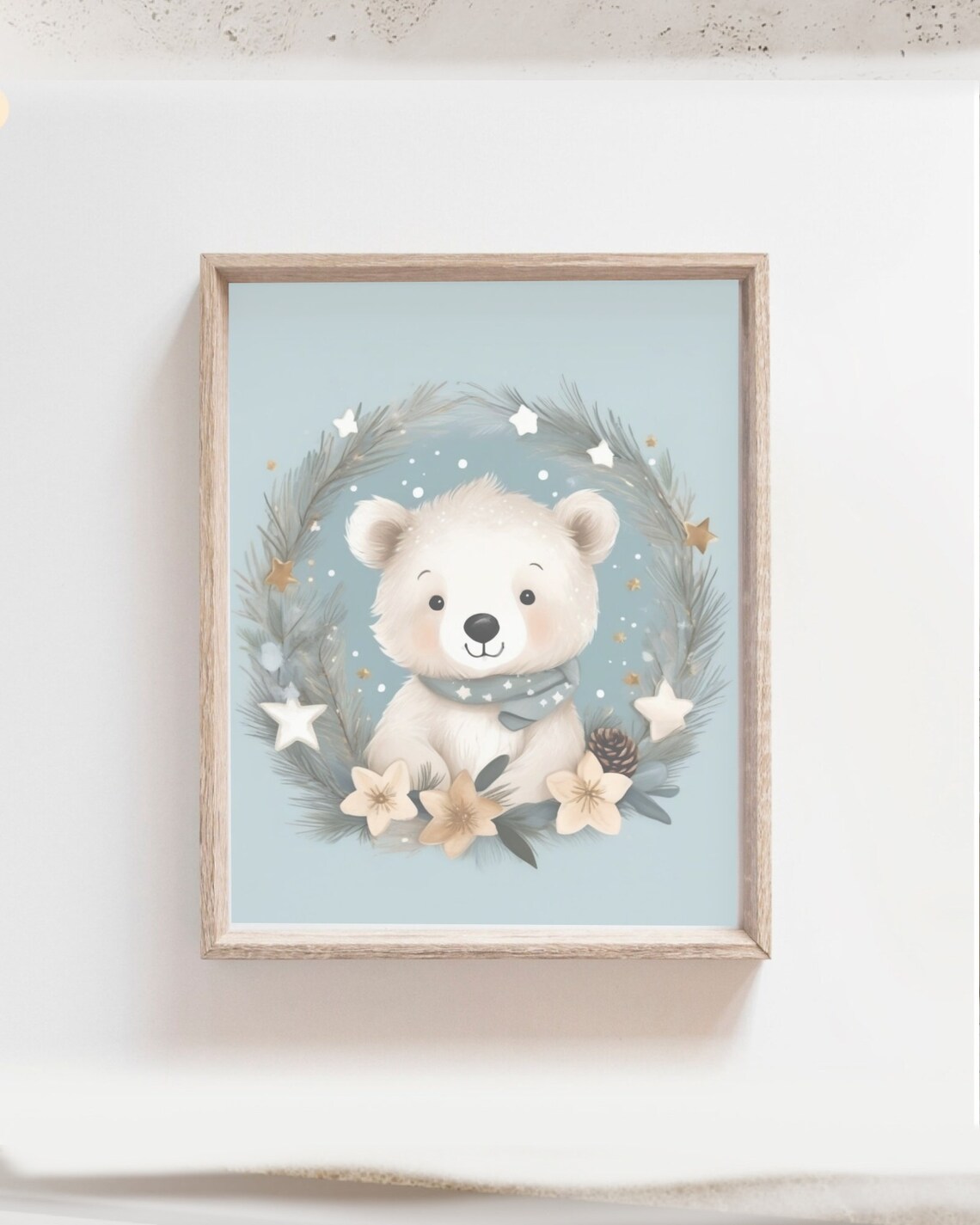 Baby Polar Bear in Christmas Wreath Watercolor Holiday Wall Poster
