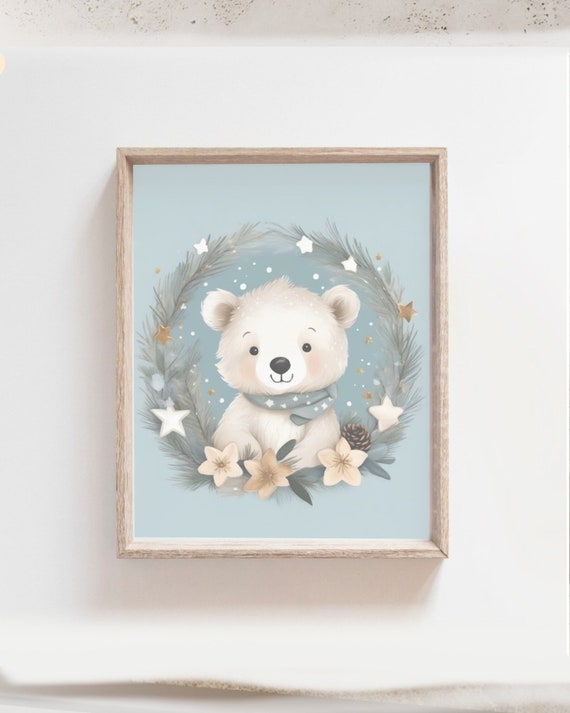 Polar Bear Nursery Decor Baby Shower Gift Boys Wall Art Kids Bear Print Wreath Prints Polar Bear Poster Baby Bear Art