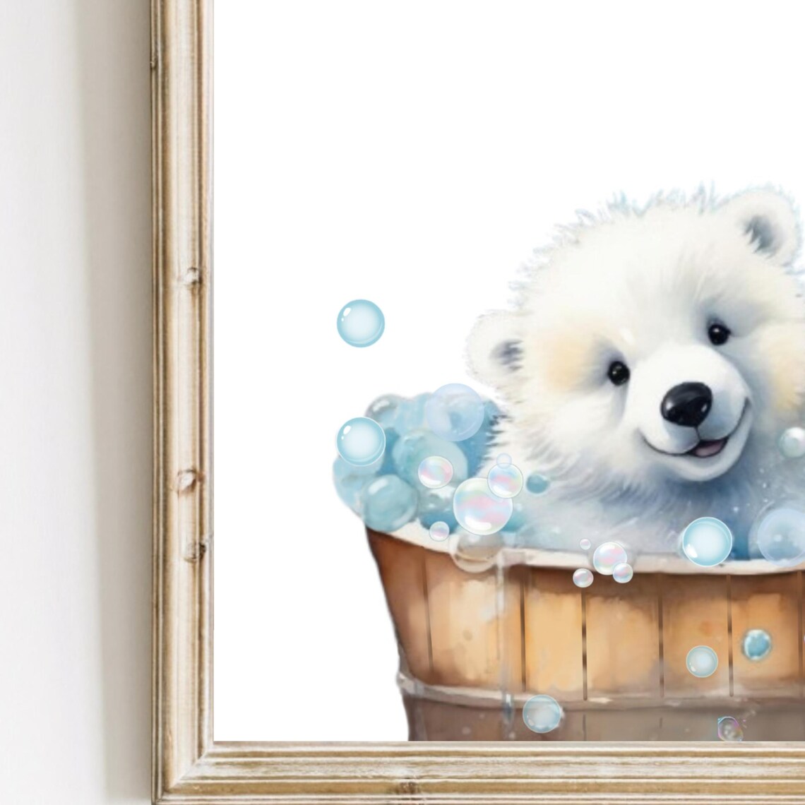 Polar Bear Cub Splashing In Wooden Bubble Bath Tub Nursery Poster - Image 2