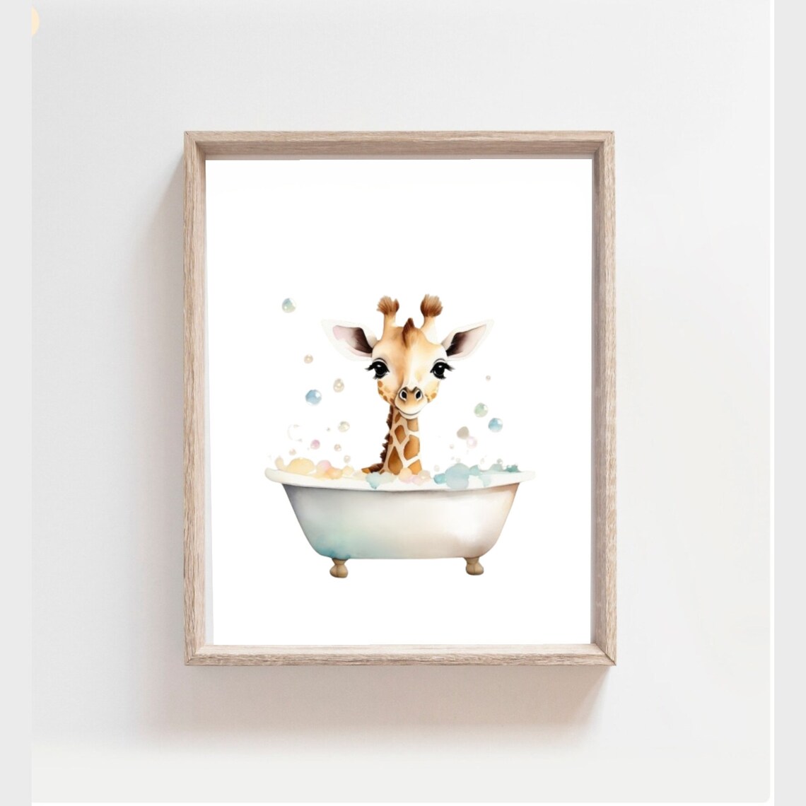 Cute Baby Giraffe In Bathtub Watercolor Kids Bathroom Art Poster