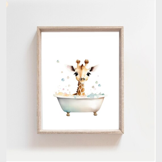 Cute Baby Giraffe In Bathtub Watercolor Kids Bathroom Art Poster