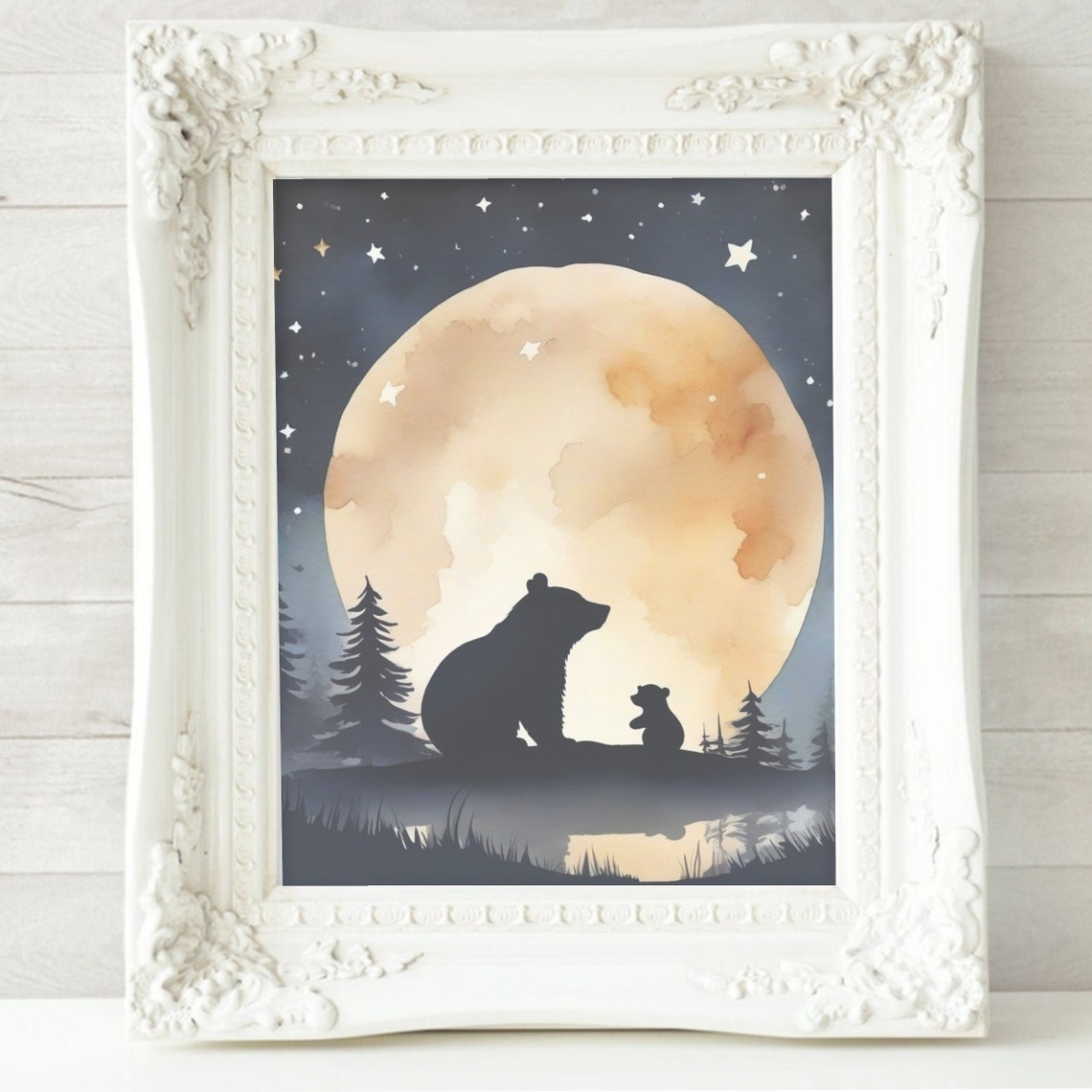Mama Bear and Cub Moonlit Night Silhouette Nursery Wall Poster - Image 2