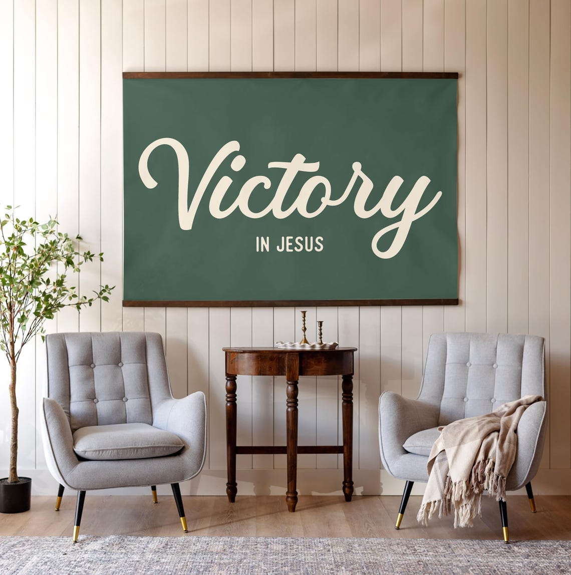 Victory in Jesus Script Lettering on a Green Chalkboard Style Poster - Image 2