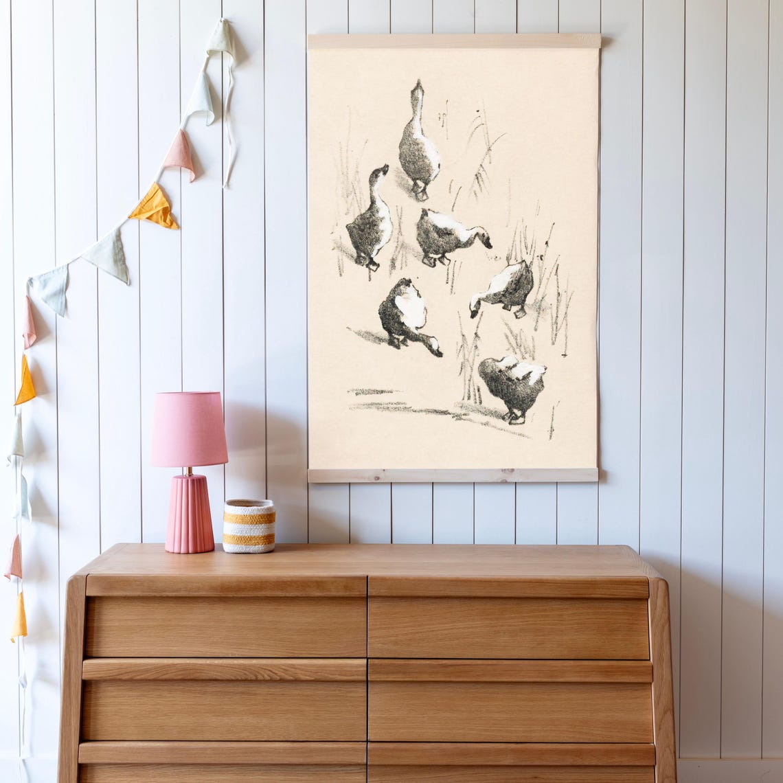 Flock of Geese Vintage Ink Sketch Rustic Farmhouse Nursery Poster