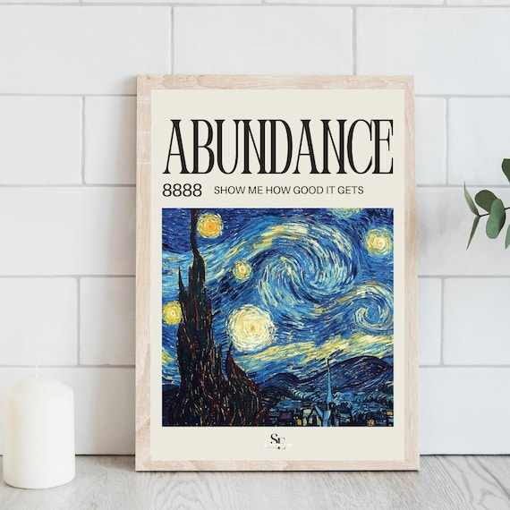 Abundance 8888 Starry Night Inspired Manifestation Typography Poster