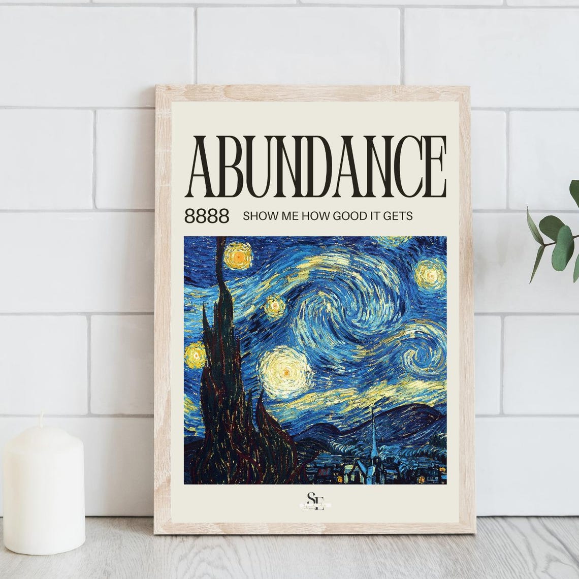 Abundance 8888 Starry Night Inspired Manifestation Typography Poster