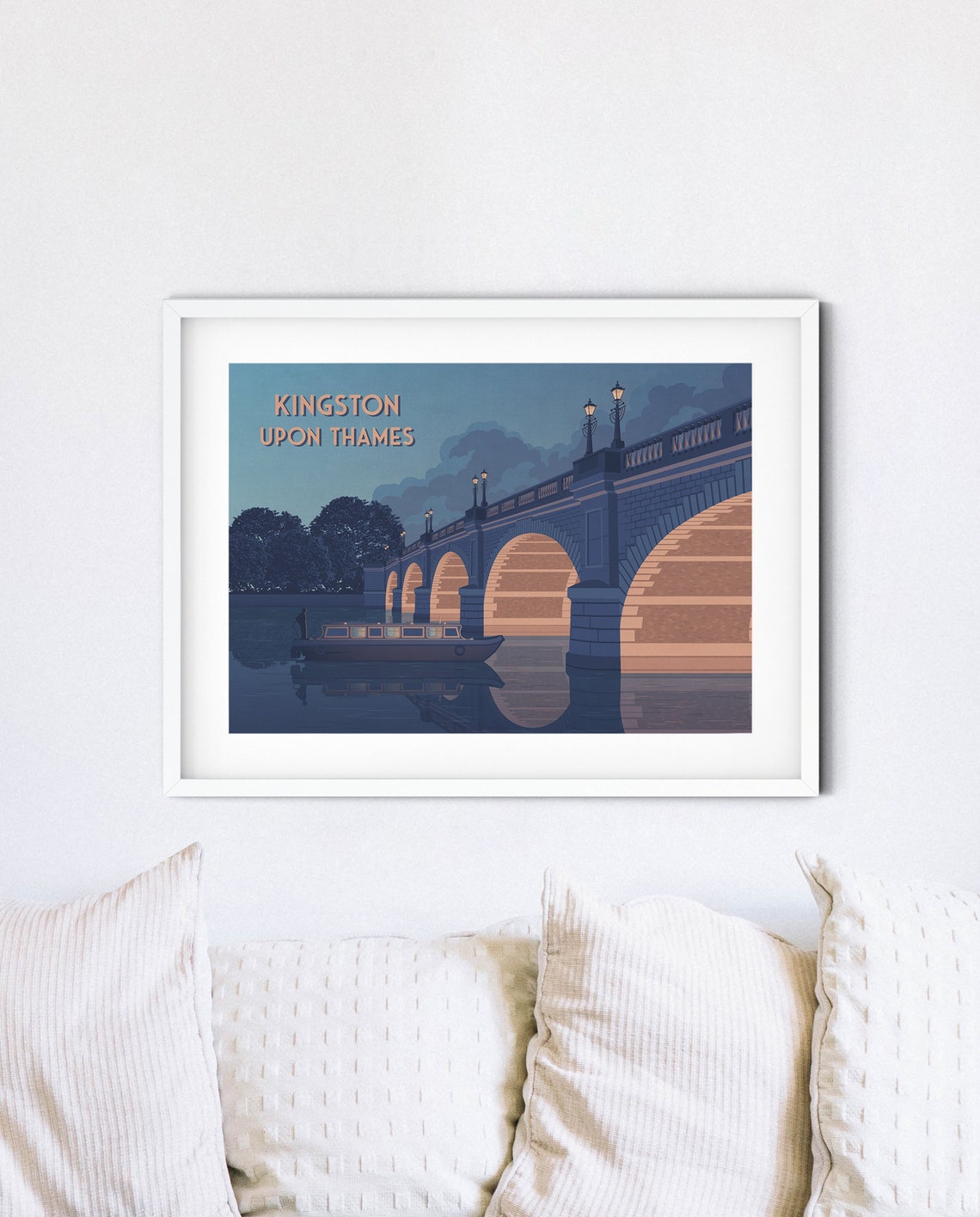 Kingston Upon Thames Bridge Dusk Narrowboat River Travel Poster - Image 4