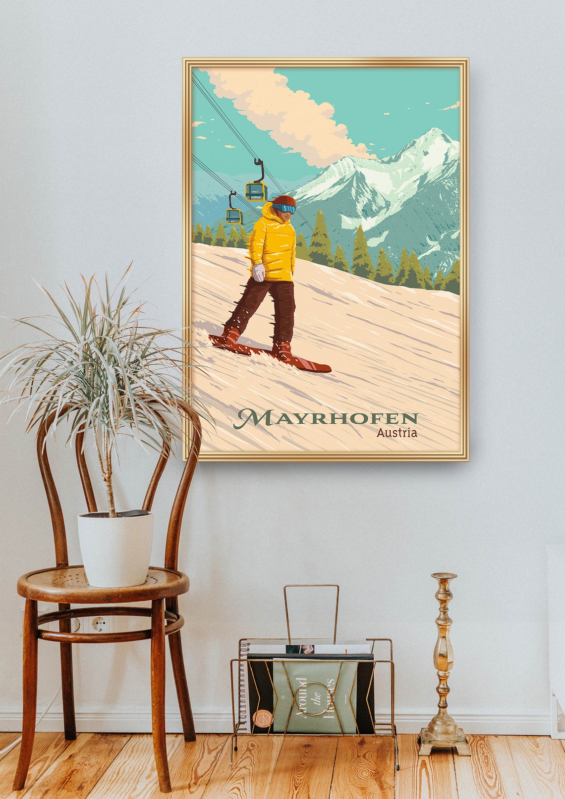 Mayrhofen Austria Vintage Snowboarder Gondola Ride Travel Poster - Image 2
