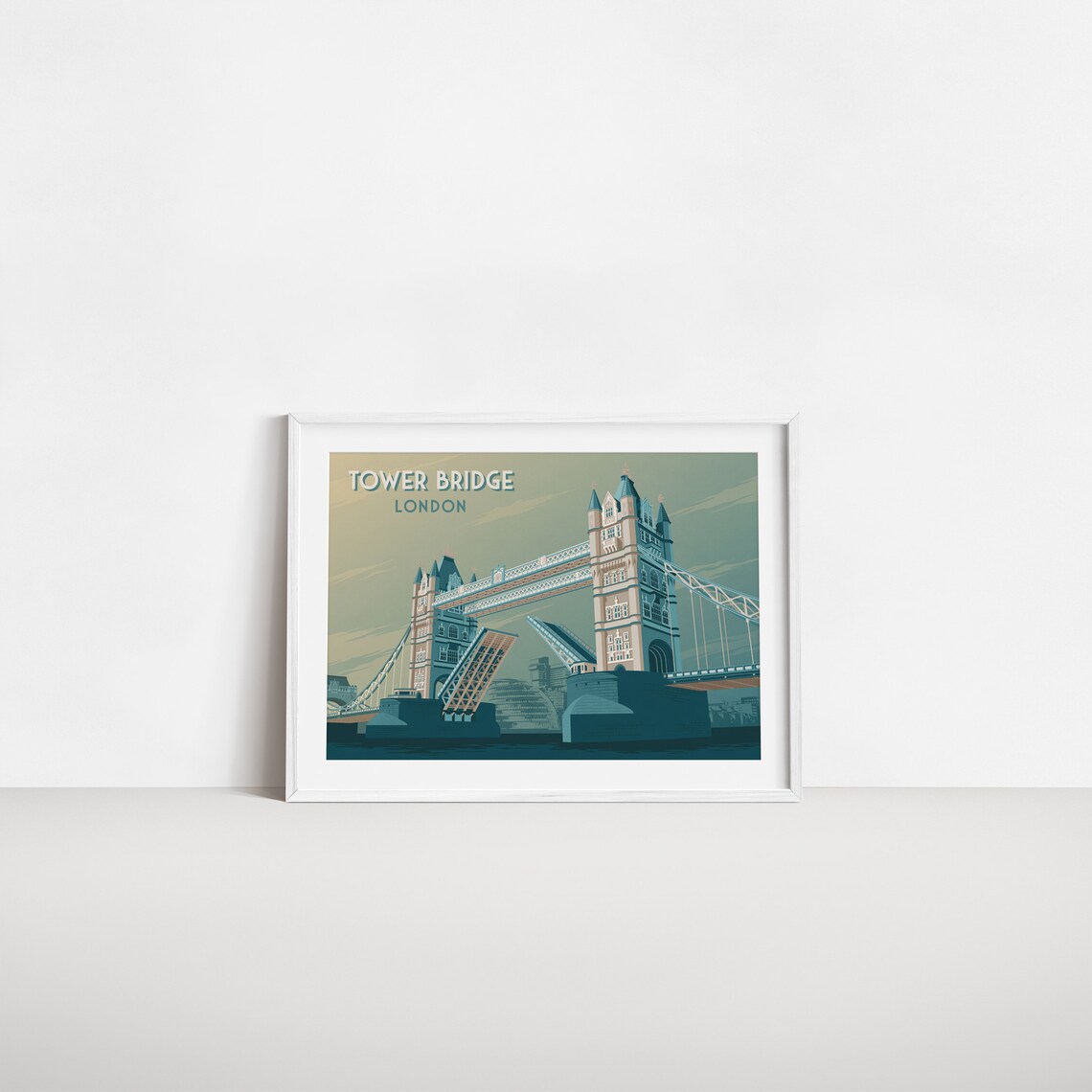 Tower Bridge London Open Bascules Vintage Teal Travel Poster - Image 2