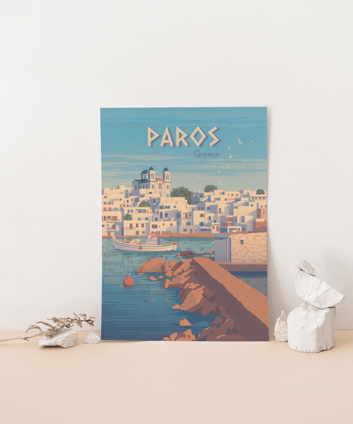 Paros Greece Aegean Island Harbor Church Vintage Travel Poster - Image 3