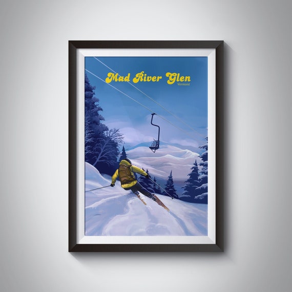 Mad River Glen Vermont Ski Resort Travel Poster Single Chair Usa Skiing Gift Vintage Skiing Print Green Mountain Range Ski Area Stowe