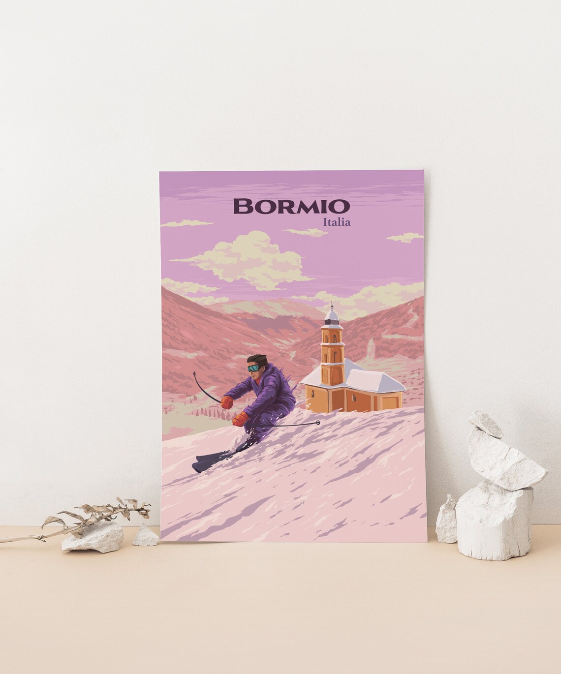 Bormio Italia Vintage Ski Resort Skier Alpine Church Retro Travel Poster - Image 2
