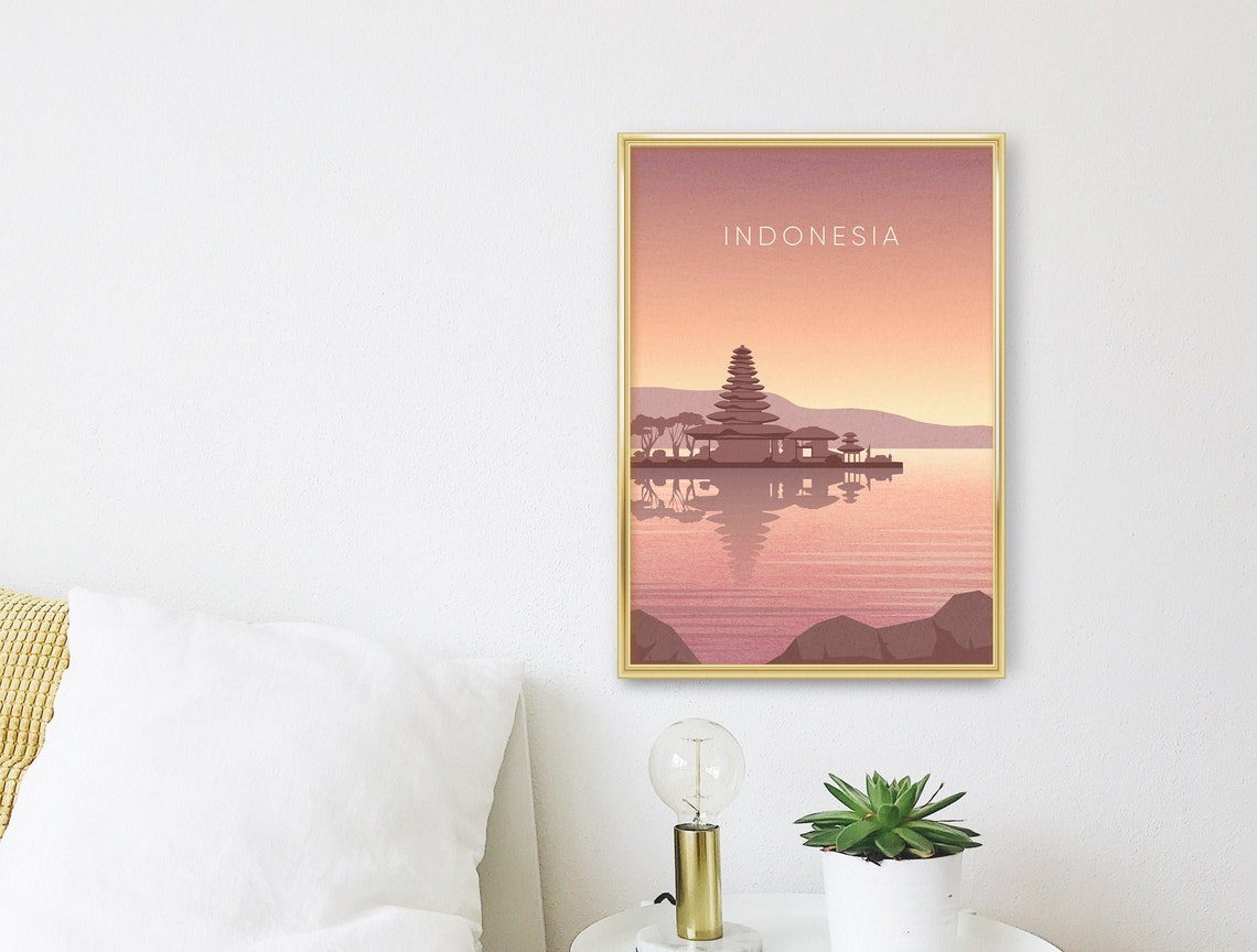 Indonesia Bali Floating Temple Sunset Lake Reflection Poster - Image 3
