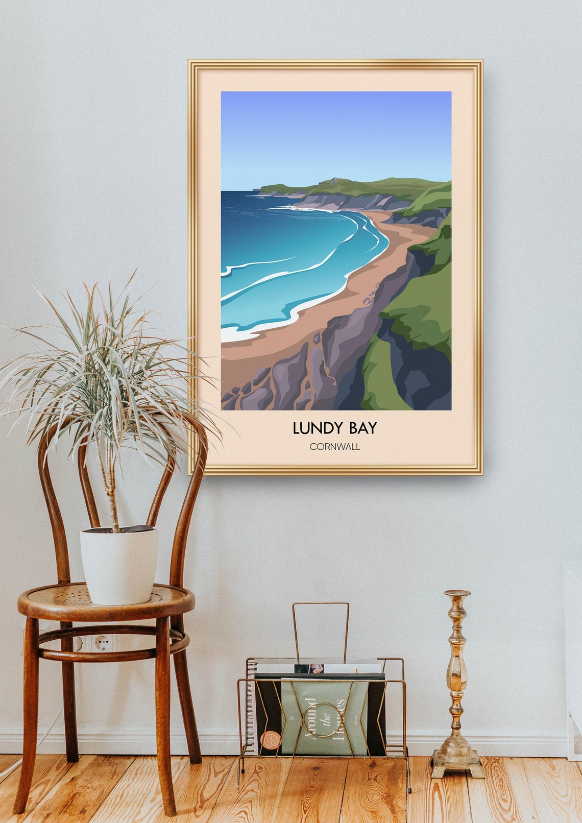 Lundy Bay Cornwall Green Cliffs Sandy Shore Cove Scene Poster - Image 2