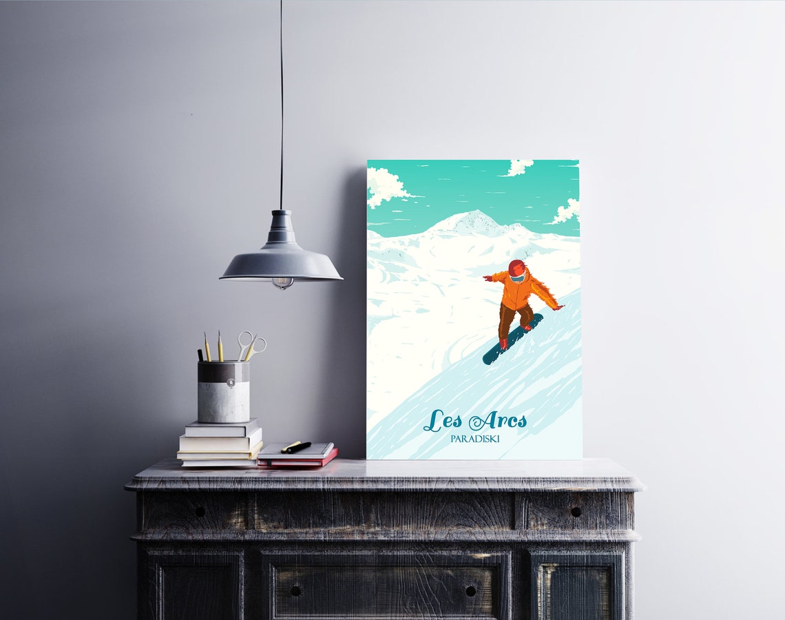 Les Arcs Paradiski Snowboarder Carving Turquoise Sky Ski Resort Poster - Image 4