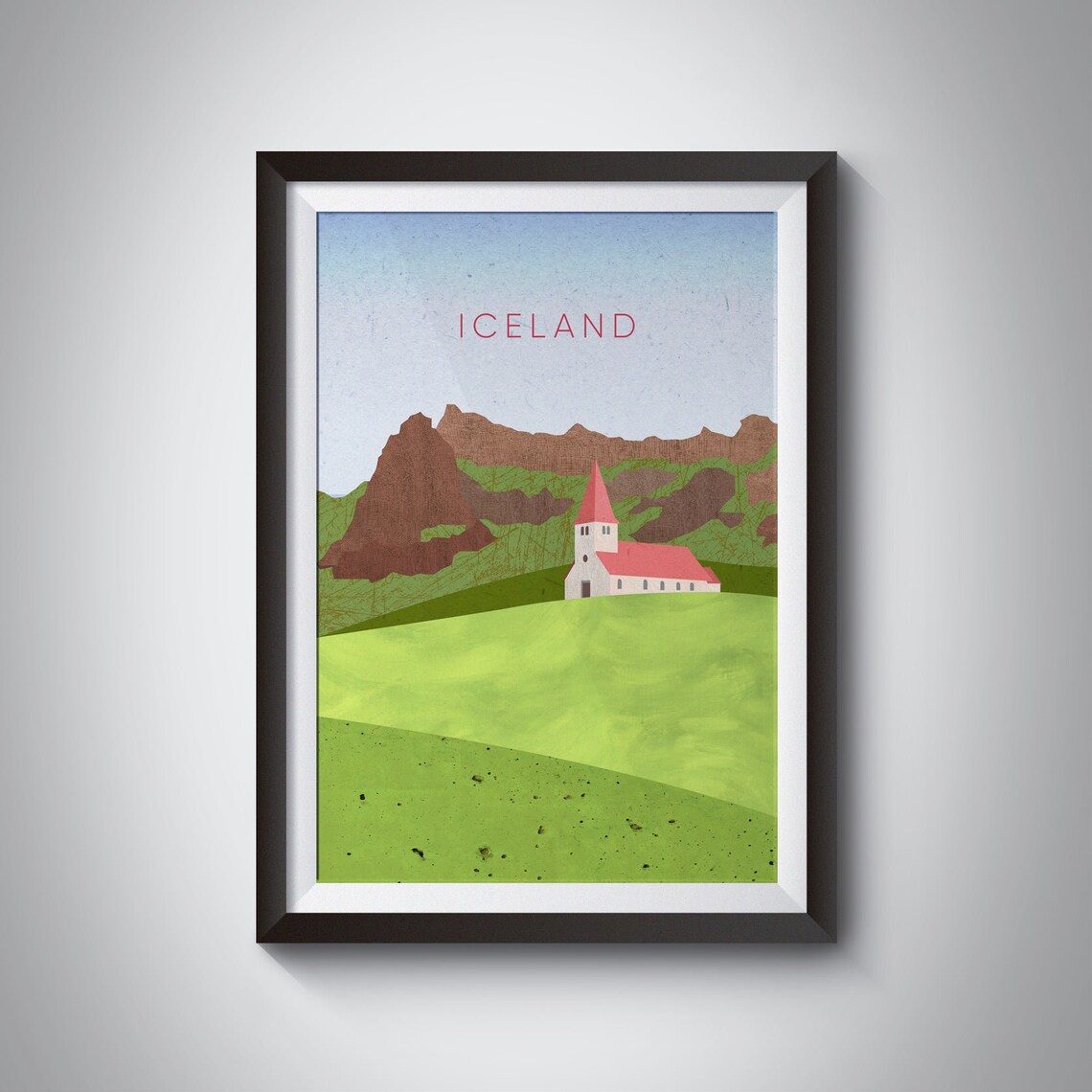 Iceland Red Roofed Church Green Valley Volcanic Peaks Poster