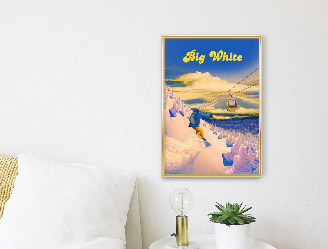 Big White Vintage Snowboarding Poster, Powder Trees and Sunset Gondola - Image 3