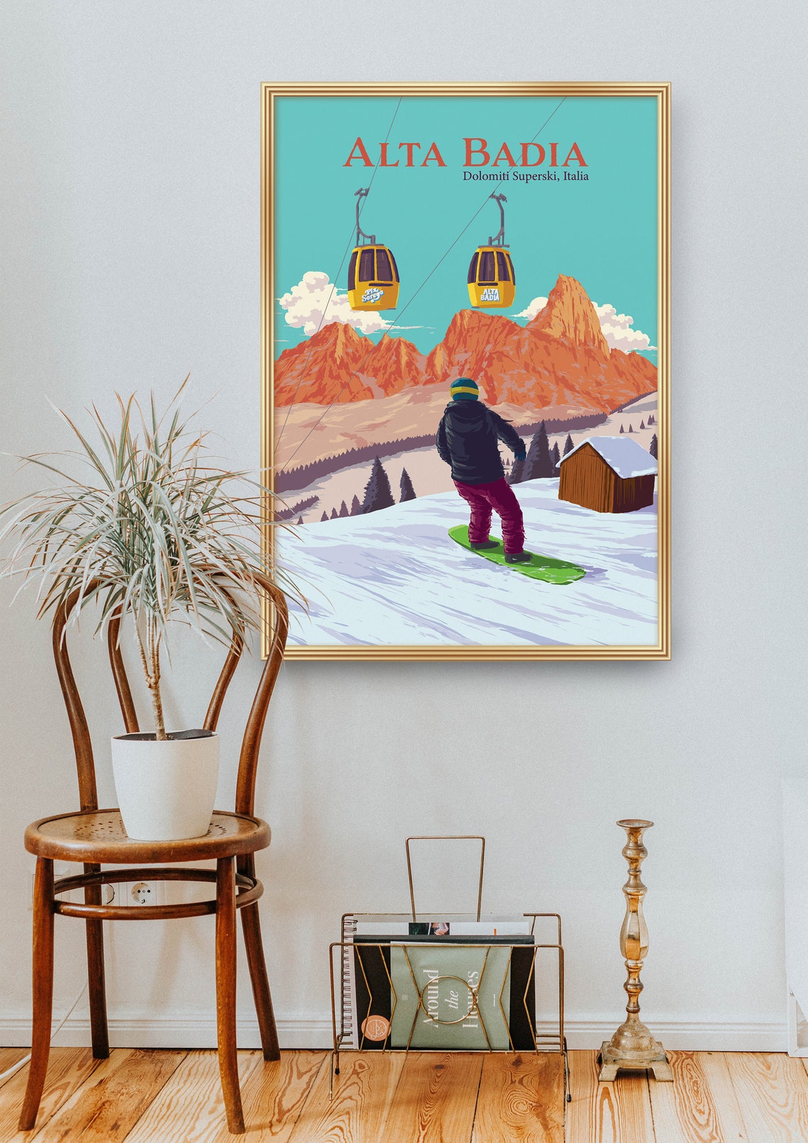 Alta Badia Italy Dolomites Snowboarder Gondolas Peak Scene Art Poster - Image 2