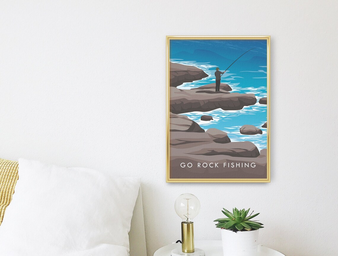 Go Rock Fishing Coastal Angler Rocky Shore Retro Outdoor Travel Poster - Image 3