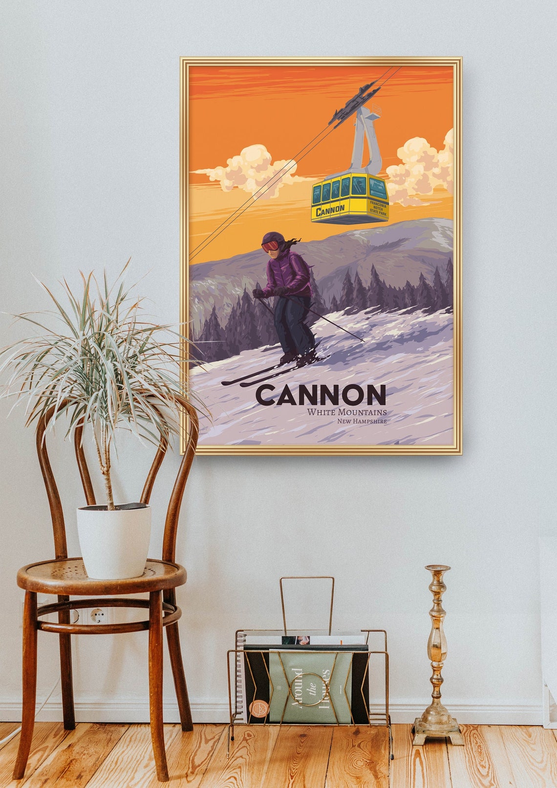 Cannon New Hampshire Yellow Tram Sunset Ski Vintage Travel Poster - Image 2