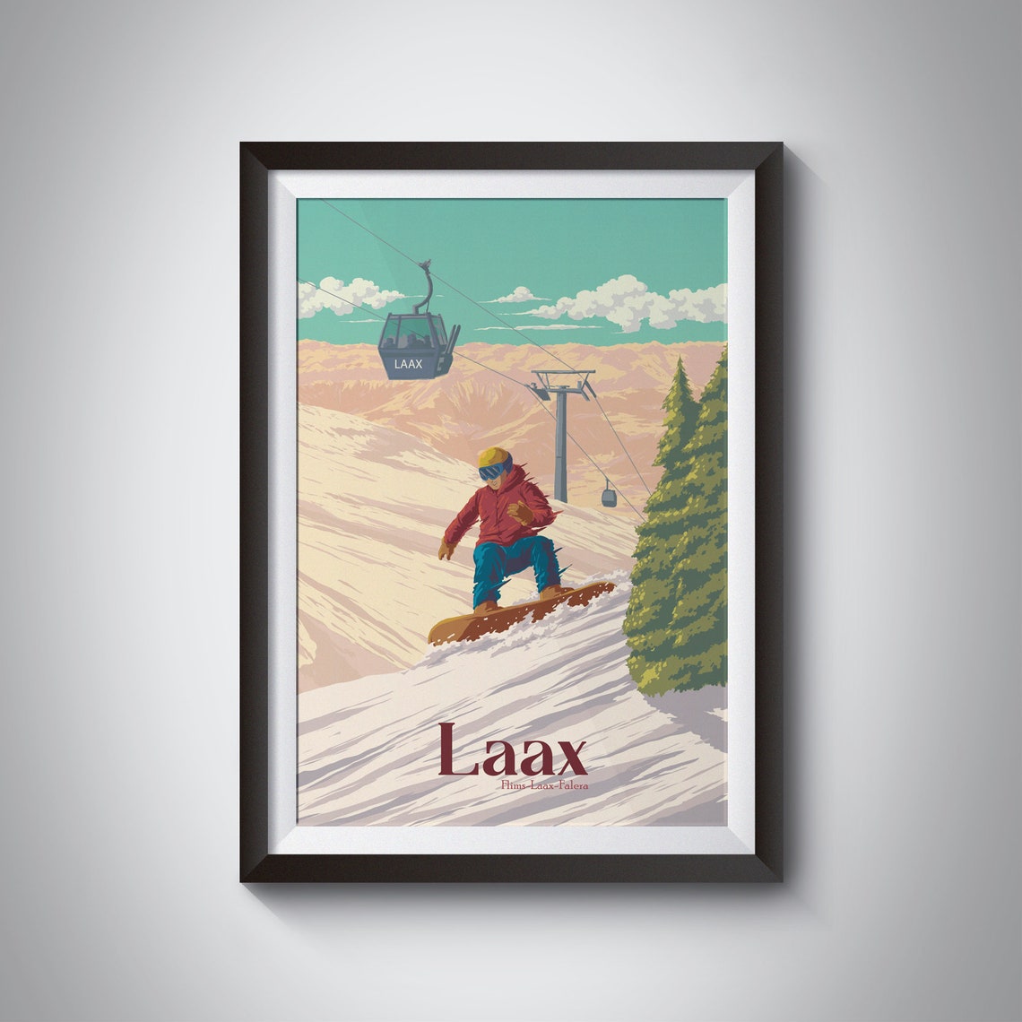 Laax Switzerland Snowboarder Gondola Alpine Mountain Scene Poster