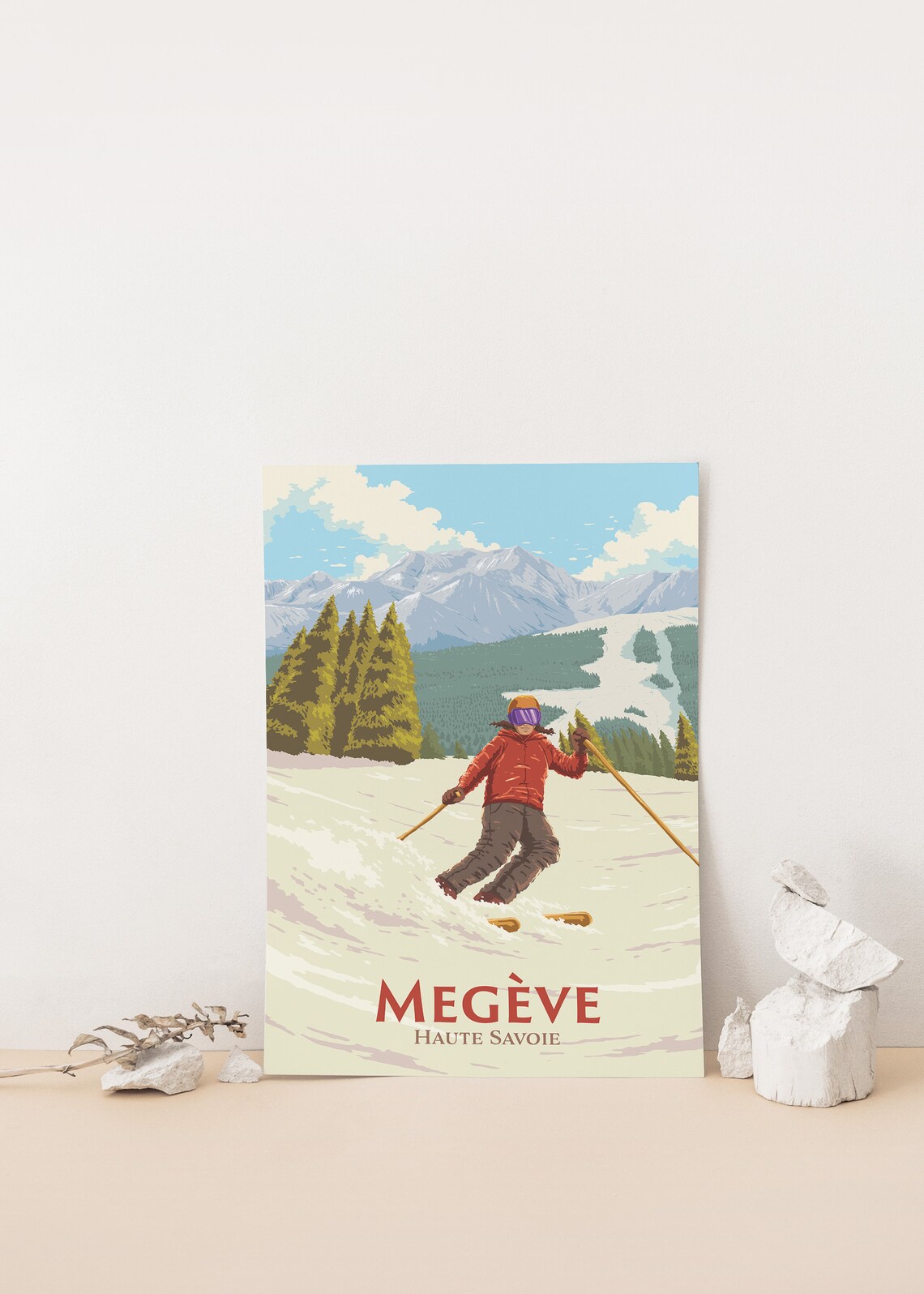 Megeve Haute Savoie Skier in Vintage Alpine Ski Travel Scene Poster - Image 4