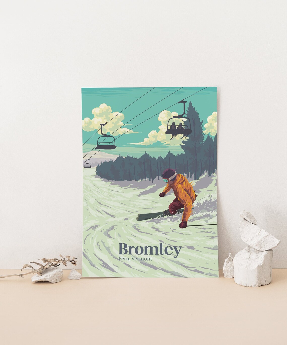Bromley Vermont Skier Chairlift Vintage Green Mountains Ski Poster - Image 4