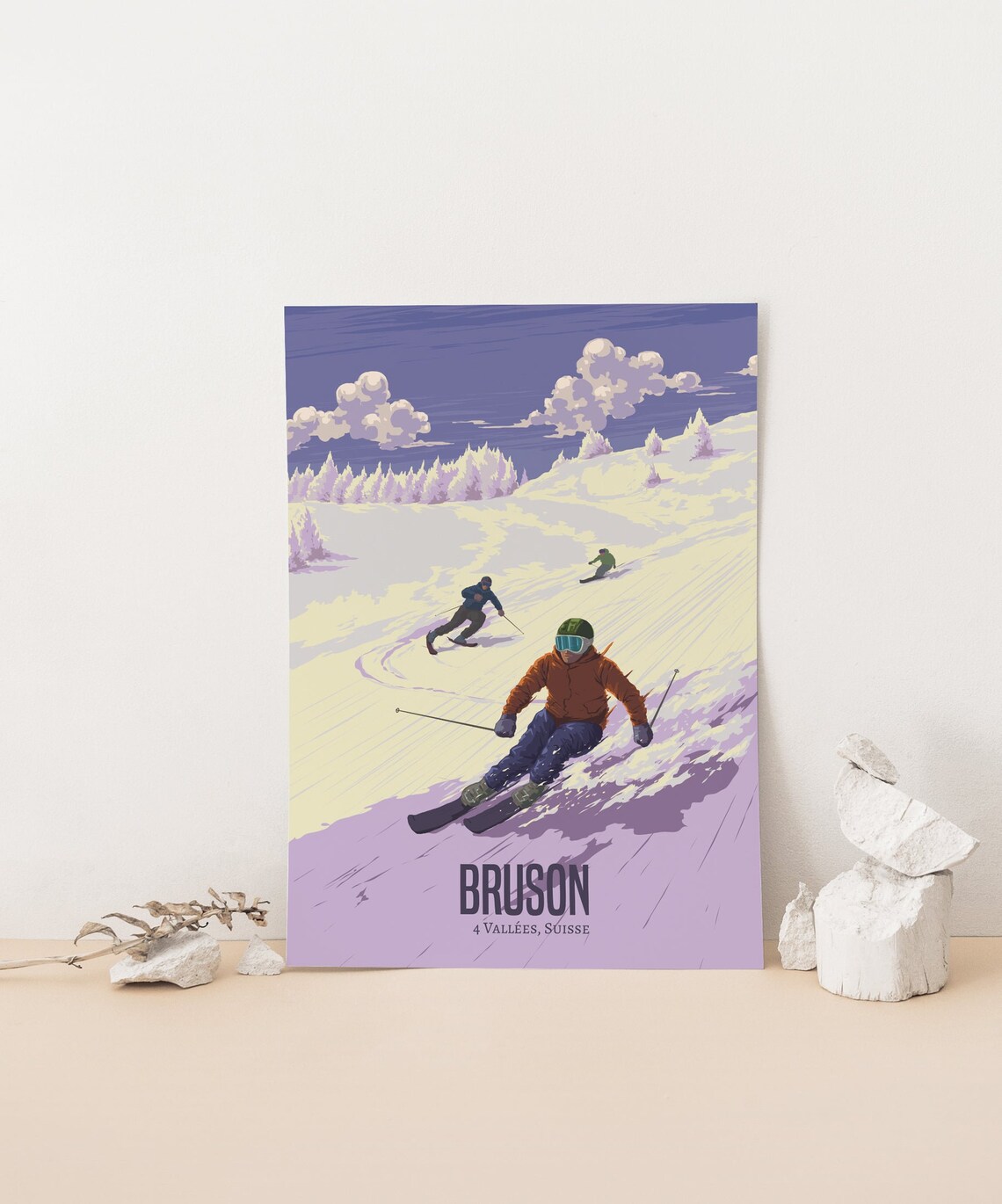 Bruson Swiss Alps Three Skiers Racing Down Powder Slope Poster - Image 4