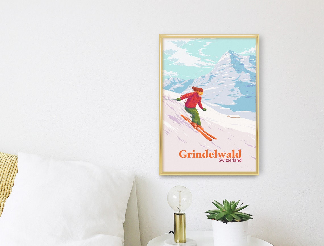 Grindelwald Switzerland Ski Resort Vintage Skier Travel Poster - Image 3