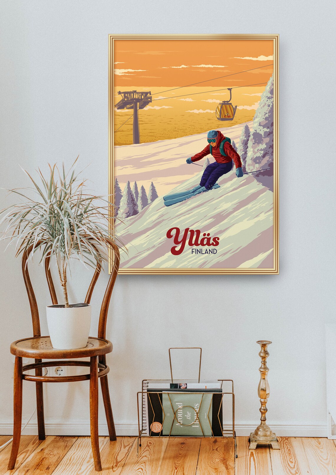 Ylläs Finland Lapland Skier Golden Sunset Slope Vintage Ski Poster - Image 2