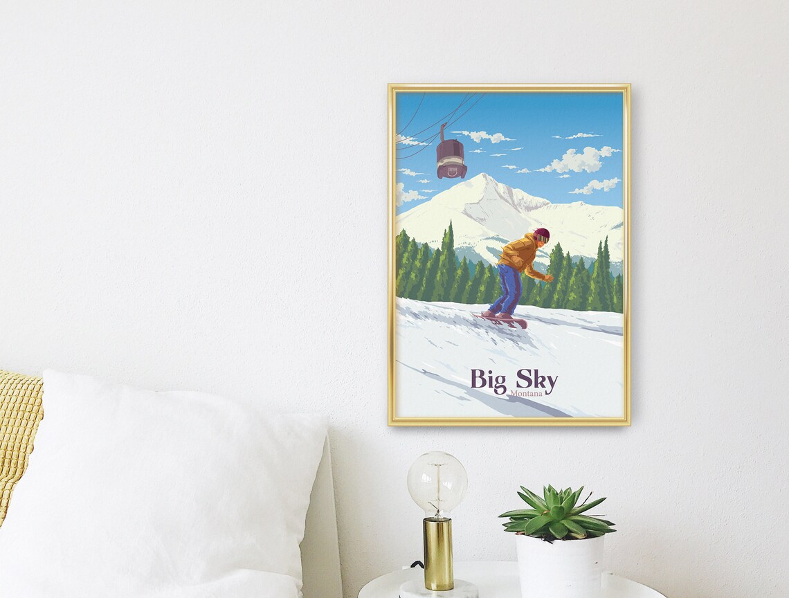Big Sky Montana Snowboarder Mountain Run With Gondola View Poster - Image 3