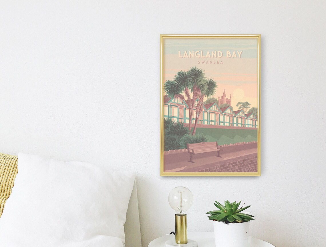 Langland Bay Swansea Beach Huts Sunset Retro Welsh Travel Poster - Image 3