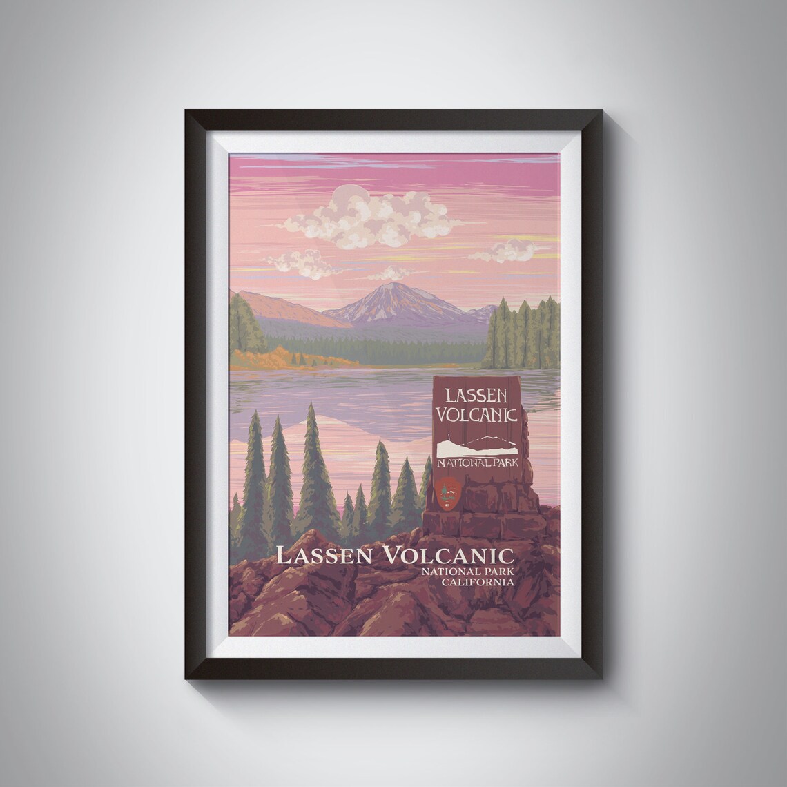 Lassen Volcanic California Park Sign Manzanita Lake Travel Poster