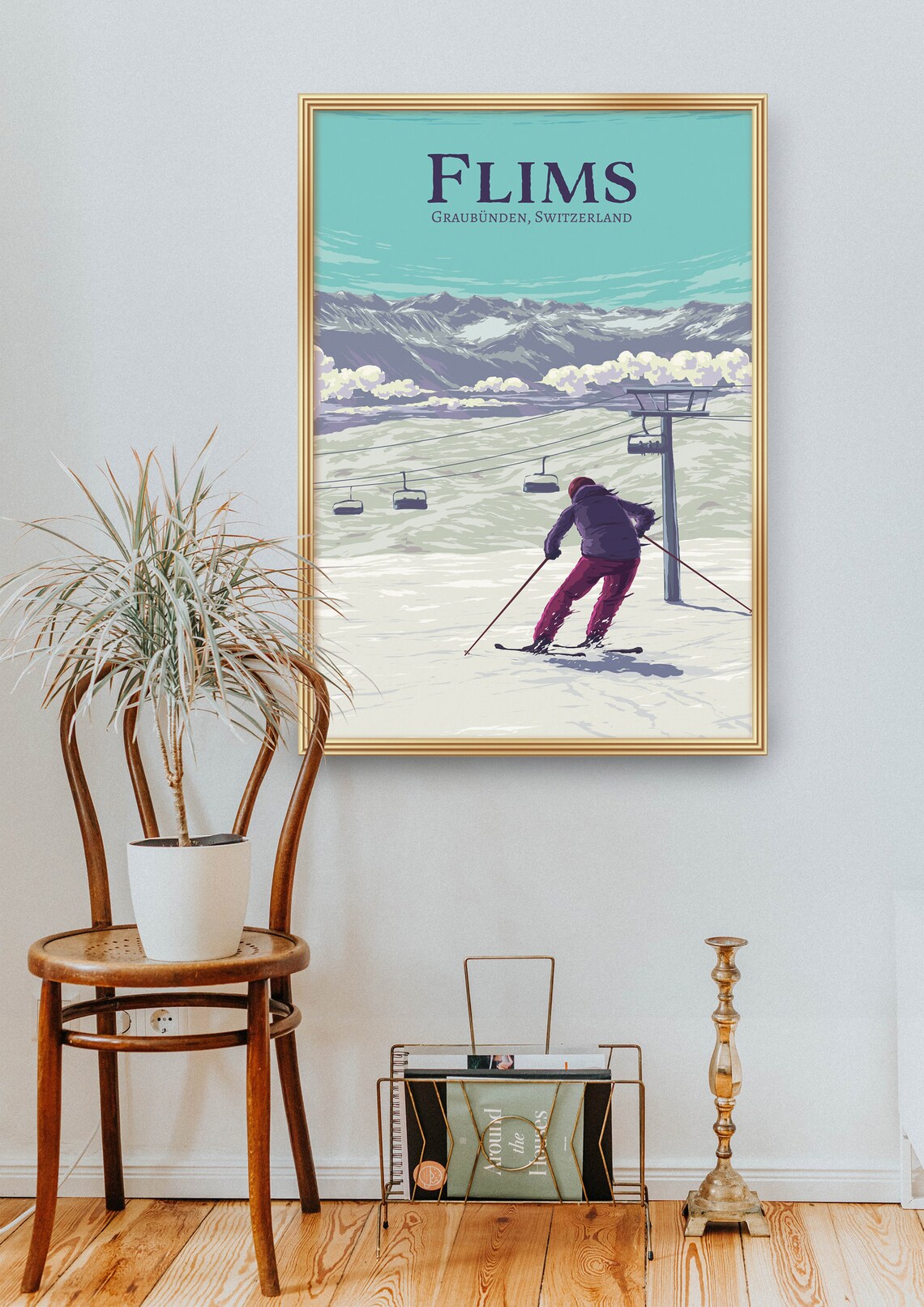 Flims Switzerland Skier Under Chairlift Winter Sports Poster - Image 2