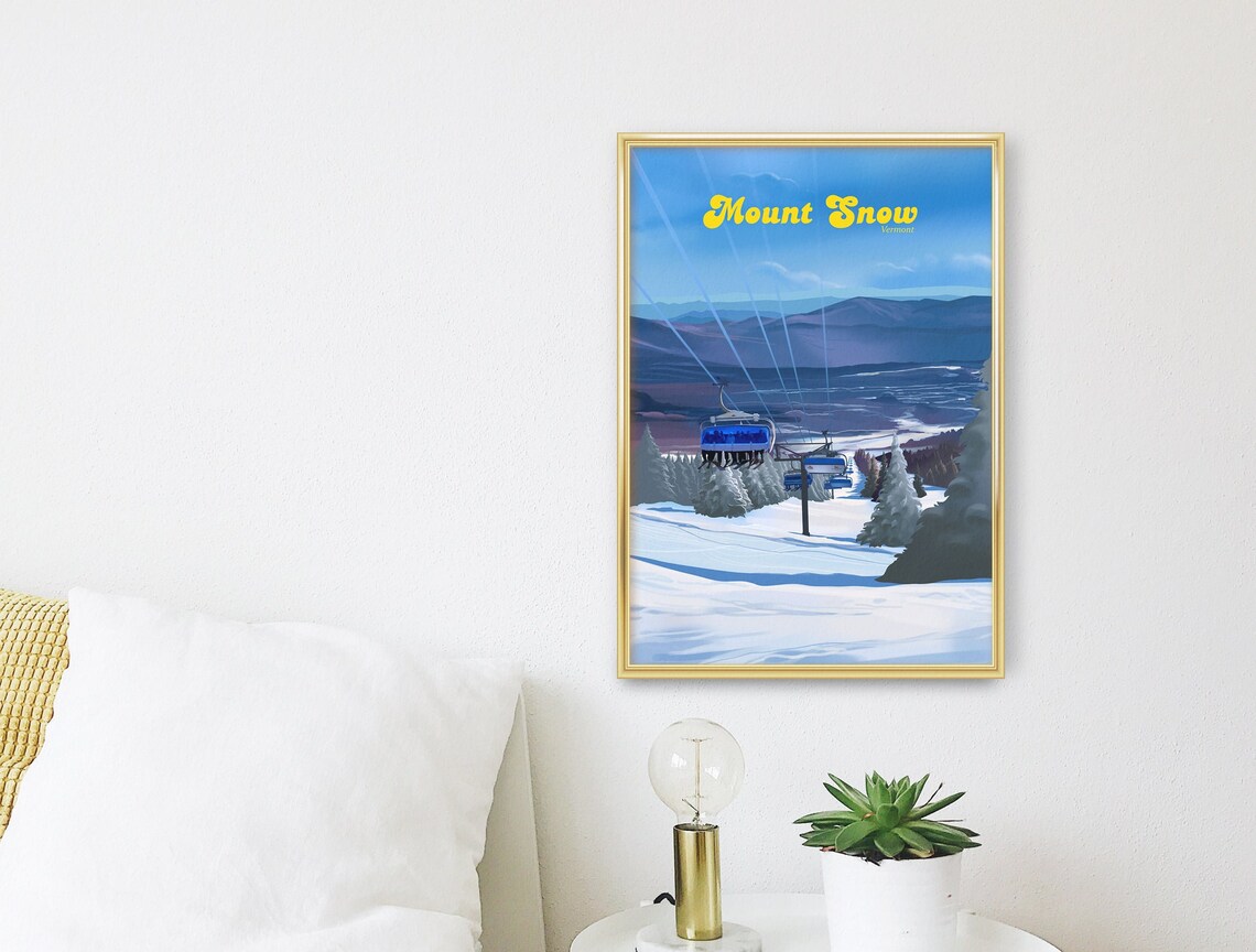 Mount Snow Vermont Chairlift Descent Vintage Dusk Ski Travel Poster - Image 3