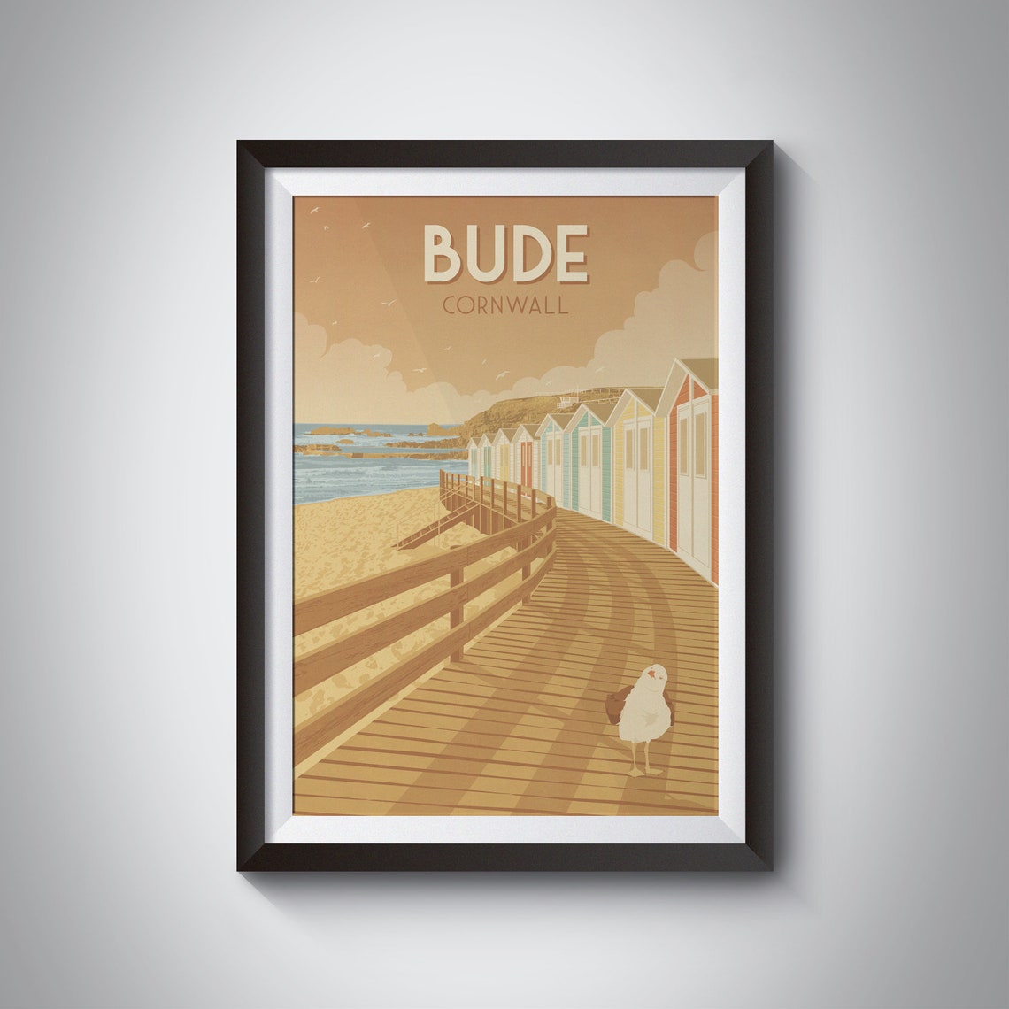 Bude Cornwall Beach Huts Boardwalk Seagull Vintage Retro Travel Poster